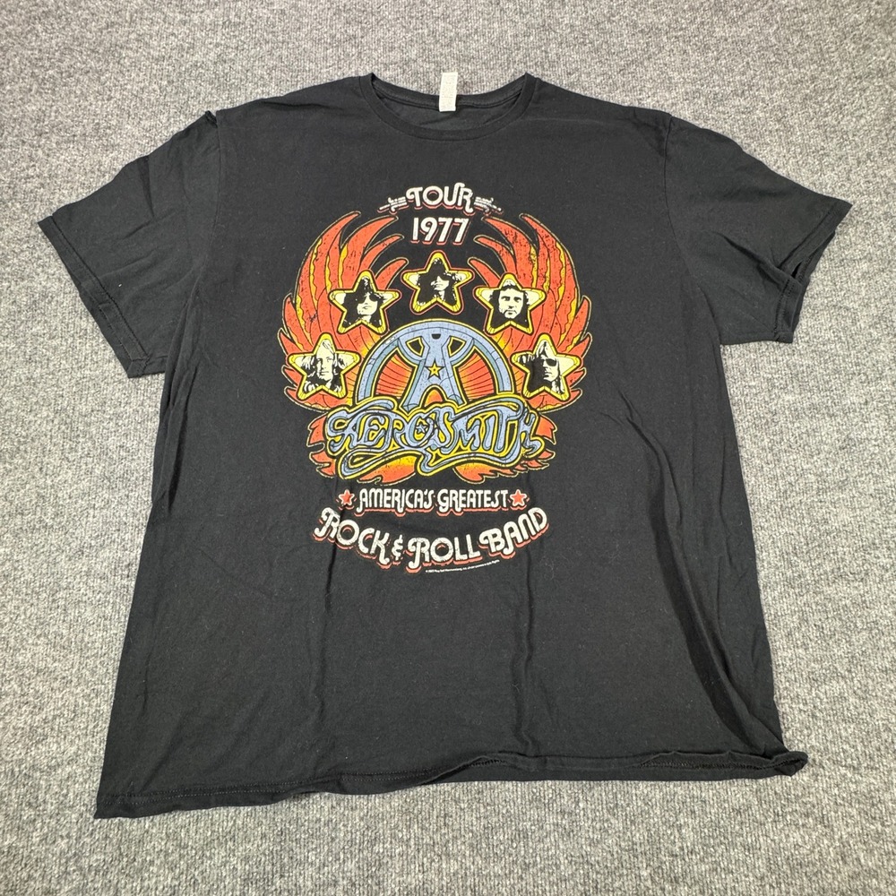 Aerosmith Tour 1977 Shirt Mens XL Black Rock Band Graphic Tee Americas Greatest